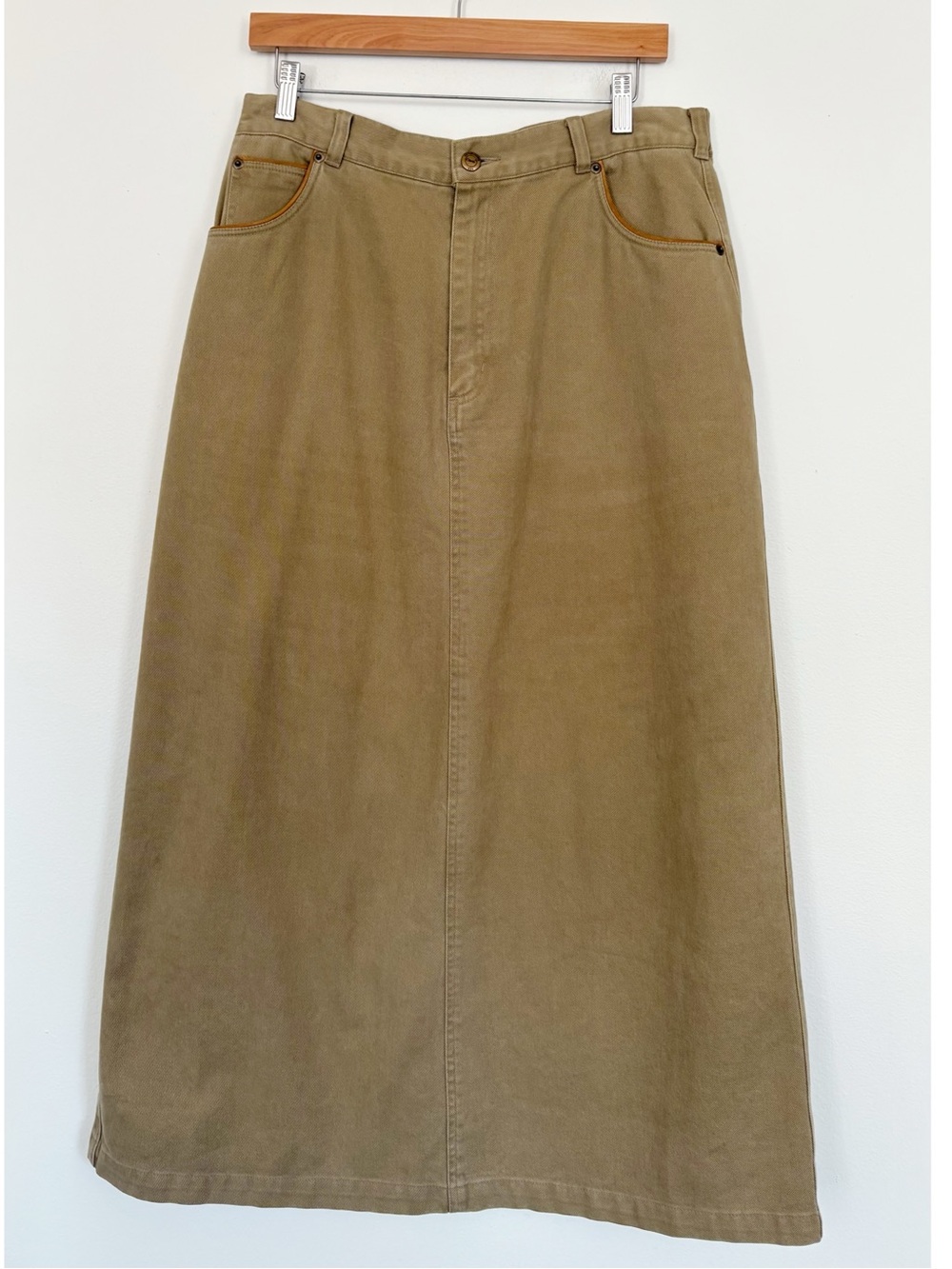 Orvis || Vintage Denim Jean Midi Maxi Skirt Leather Trim Tan Beige 14